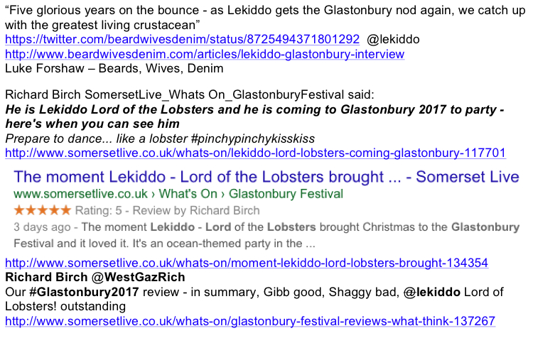 5/5 stars Glastonbury 2017, SomersetLive rating Outstanding!! live LEKIDDO - Lord of The Lobsters!