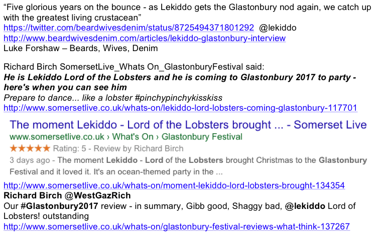 5/5 stars Glastonbury 2017, SomersetLive rating Outstanding!! live LEKIDDO - Lord of The Lobsters!