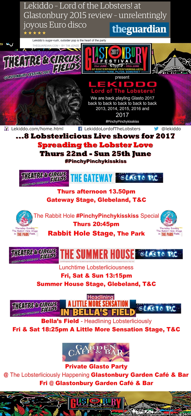 LEKIDDO - Lord of The Lobsters! returns to Glastonbury Festival 2017 with 8 Lobsterlicious live shows #PinchyPinchykisskiss