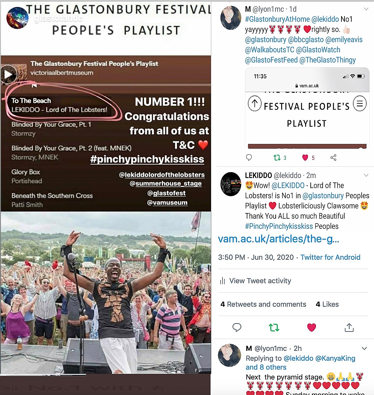 LEKIDDO – Lord of The Lobsters! Number 1 !!!! Congratulatiosn from all of Us at T&C #PinchyPinchykisskiss @lekiddolordofthelobsters @glastotanc @summerhouse_stage @vamuseum @glastonbury @glastofest