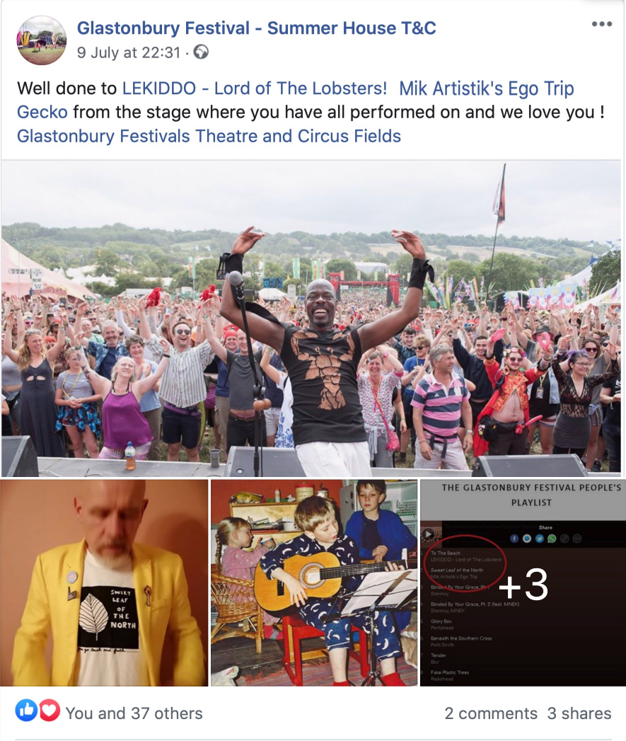 LEKIDDO â€“ Lord of The Lobsters! Number 1 !!!! Congratulatiosn from all of Us at T&C #PinchyPinchykisskiss @lekiddolordofthelobsters @glastotanc @summerhouse_stage @vamuseum @glastonbury @glastofest Well done to LEKIDDO - Lord of The Lobsters !Mik Artistik's Ego Trip Gecko from the stage where you have all performed on and we love you ! Glastonbury Festivals Theatre and Circus Fields