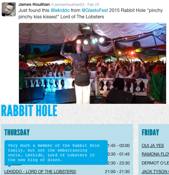 @lekiddo @GlastoFest 'Pinchy Pinchy kiss kiss' Live at The Rabbit Hole, Glastonbury Festival 2015, LEKIDDO - Lord of The Lobsters! is the new king of disco