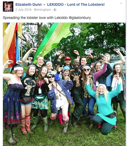 Elizabeth Dunn & friends Spreading the Lobster Love at Glasto 2016 with LEKIDDO - Lord of The Lobsters!
