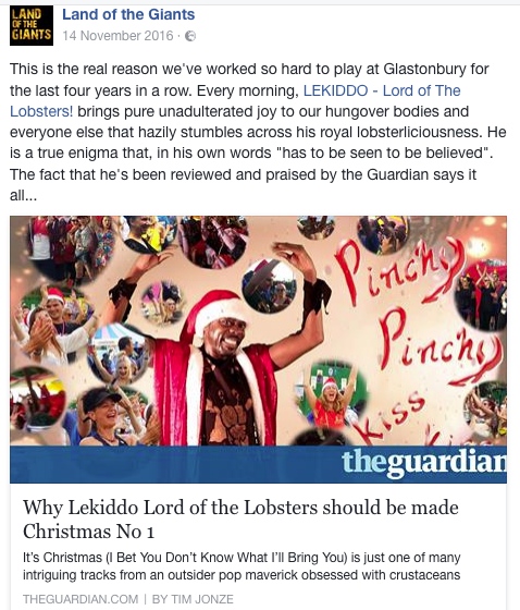 Land of The Giants review LEKIDDO - Lord of The Lobsters! at Glastonbury Festival 2016